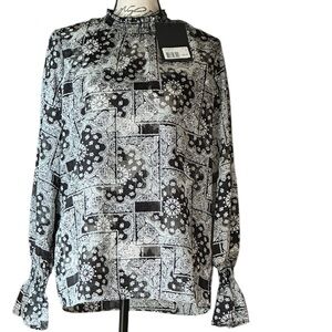 New The Kooples Black and Gray Ruffled Neck and Long Sleeve Blouse Size M nwt